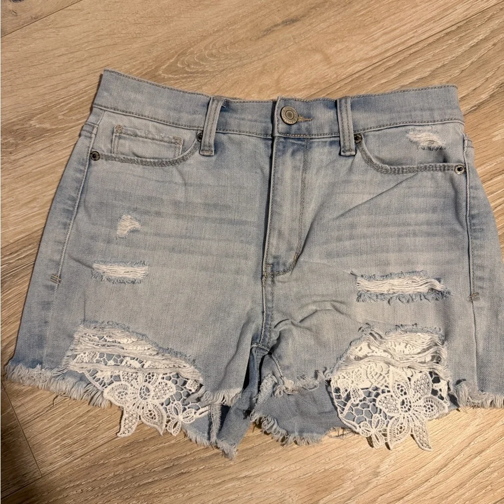 Mudd Light Blue Distressed‎ Jean Shorts with Lace